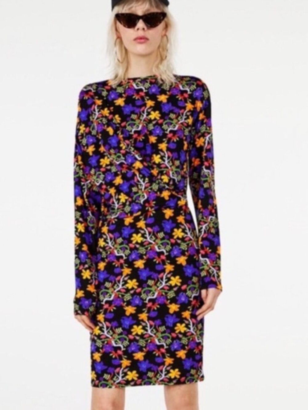 Zara Trafaluc Floral Long-Sleeve Bodycon Dress in Black with Multicolor Print S